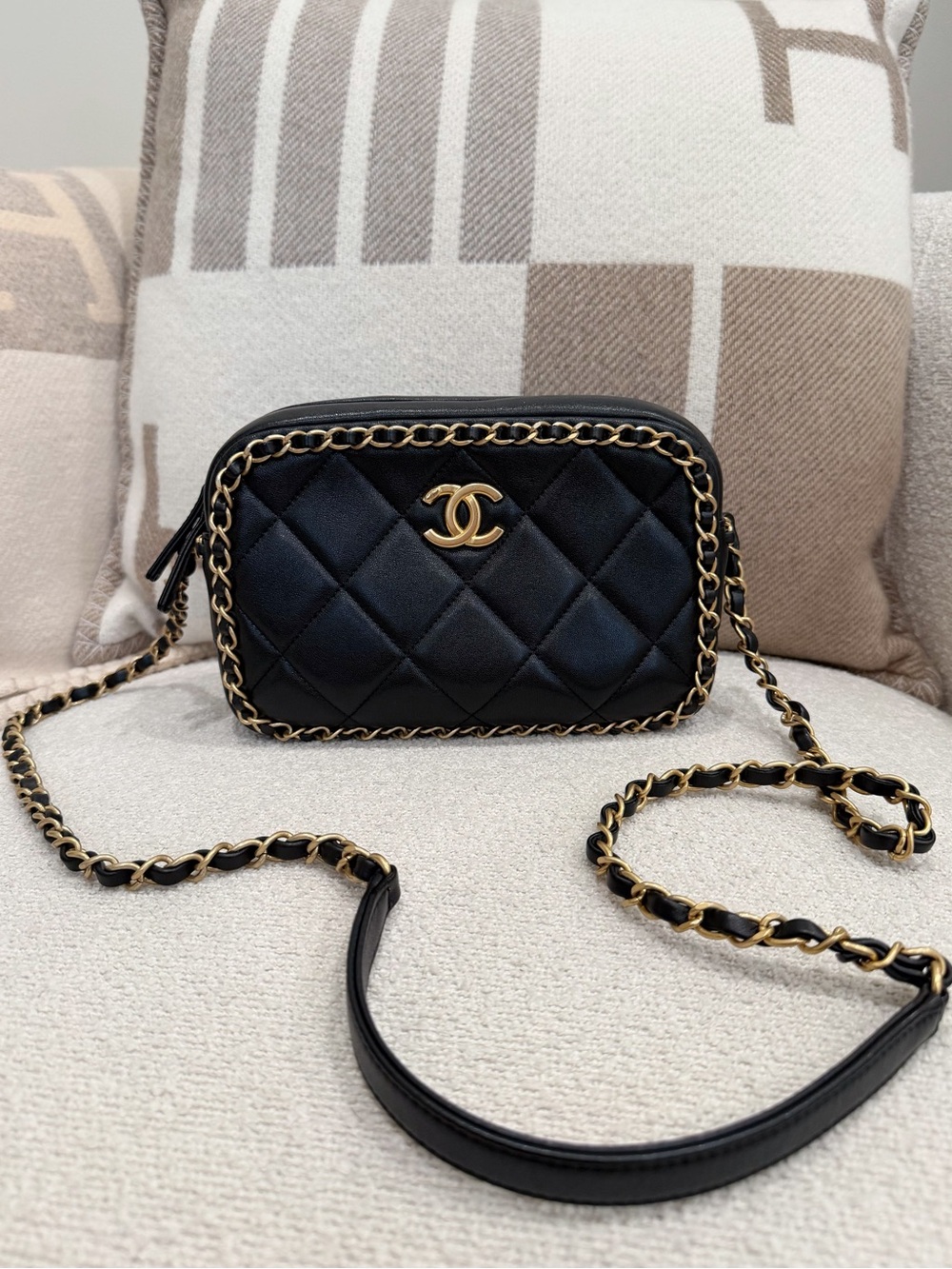 Chanel 24B Chain Around Quilted CC Logo Black Leather Crossbody Bag